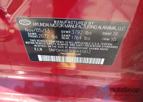 2013 Hyundai Elantra Gls from USA, damaged, VIN 5NPDH4AE9DH445812